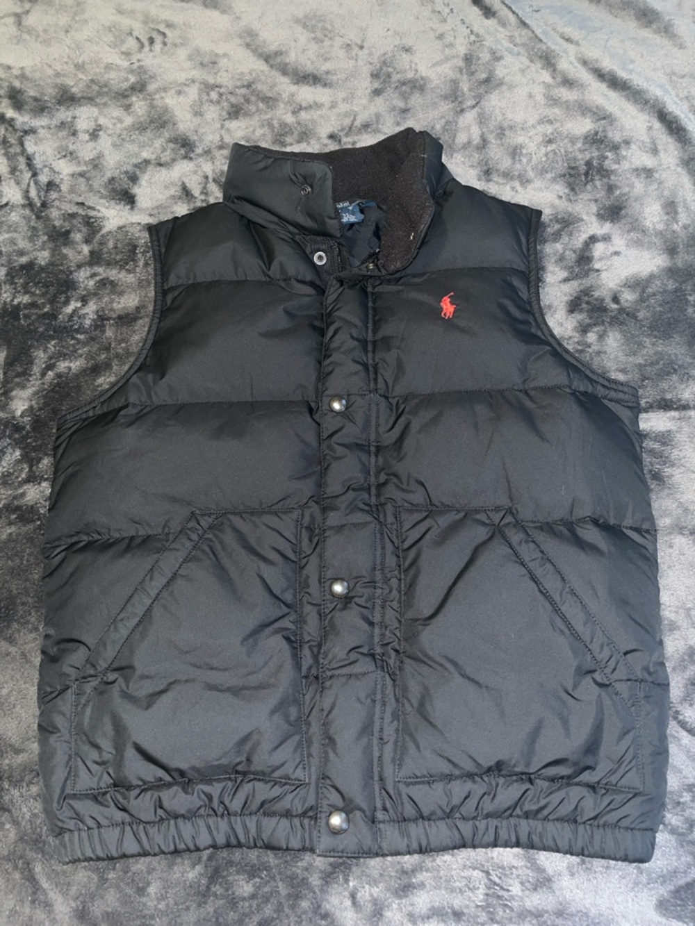 Polo Ralph Lauren down puffer vest w/ red embroidered logo snap button closure